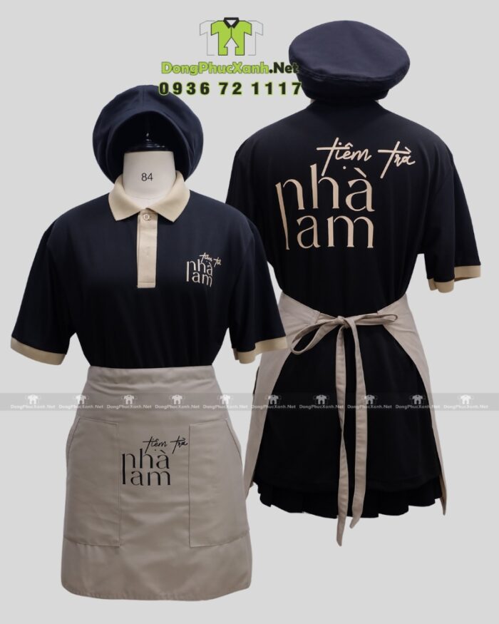 Bộ đồng phục nhân viên tiệm trà sữa thiết kế hiện đại sang trọng, in logo Tiệm Trà Nhà Lam.