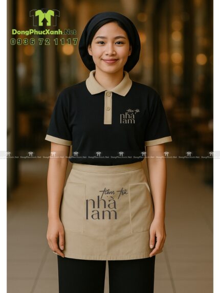 Bộ đồng phục nhân viên tiệm trà sữa thiết kế hiện đại sang trọng, in logo Tiệm Trà Nhà Lam.