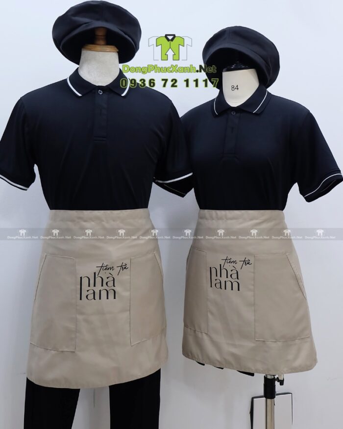 Bộ đồng phục nhân viên tiệm trà sữa thiết kế hiện đại sang trọng, in logo Tiệm Trà Nhà Lam.