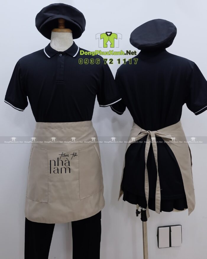 Bộ đồng phục nhân viên tiệm trà sữa thiết kế hiện đại sang trọng, in logo Tiệm Trà Nhà Lam.