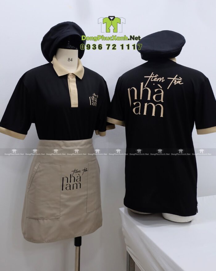 Bộ đồng phục nhân viên tiệm trà sữa thiết kế hiện đại sang trọng, in logo Tiệm Trà Nhà Lam.