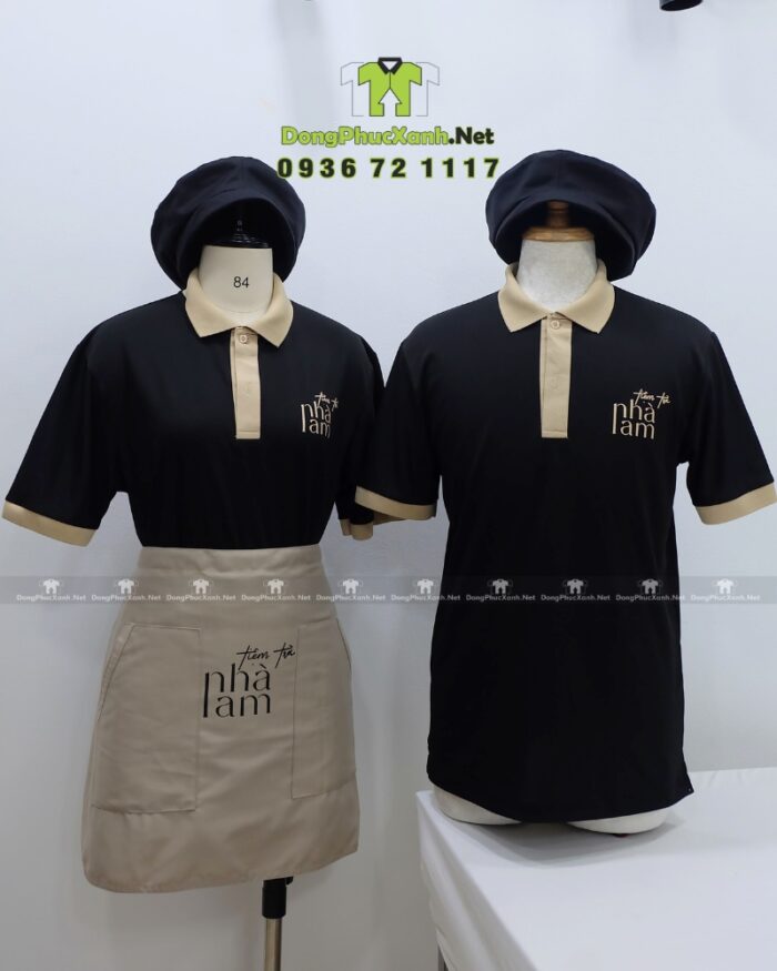 Bộ đồng phục nhân viên tiệm trà sữa thiết kế hiện đại sang trọng, in logo Tiệm Trà Nhà Lam.