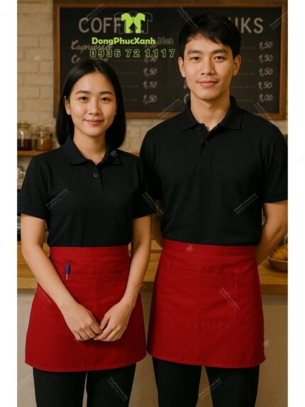 Bộ đồng phục quán cà phê phong cách sang trọng và tinh tế. Áo thun đồng phục thiết kế màu đen chuyên nghiệp, thanh lịch.