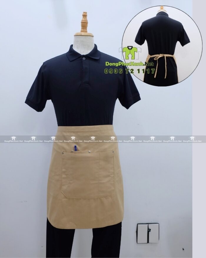 Bộ đồng phục quán cà phê phong cách sang trọng và tinh tế. Áo thun đồng phục thiết kế màu đen chuyên nghiệp, thanh lịch.