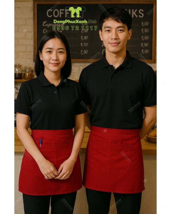 Bộ đồng phục quán cà phê phong cách sang trọng và tinh tế. Áo thun đồng phục thiết kế màu đen chuyên nghiệp, thanh lịch.