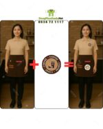 Bộ đồng phục quán cà phê có áo thun đồng phục màu kem phong cách trang nhã, lịch thiệp.