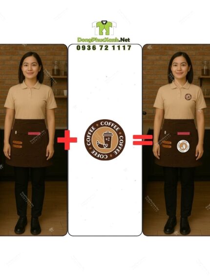 Bộ đồng phục quán cà phê có áo thun đồng phục màu kem phong cách trang nhã, lịch thiệp.