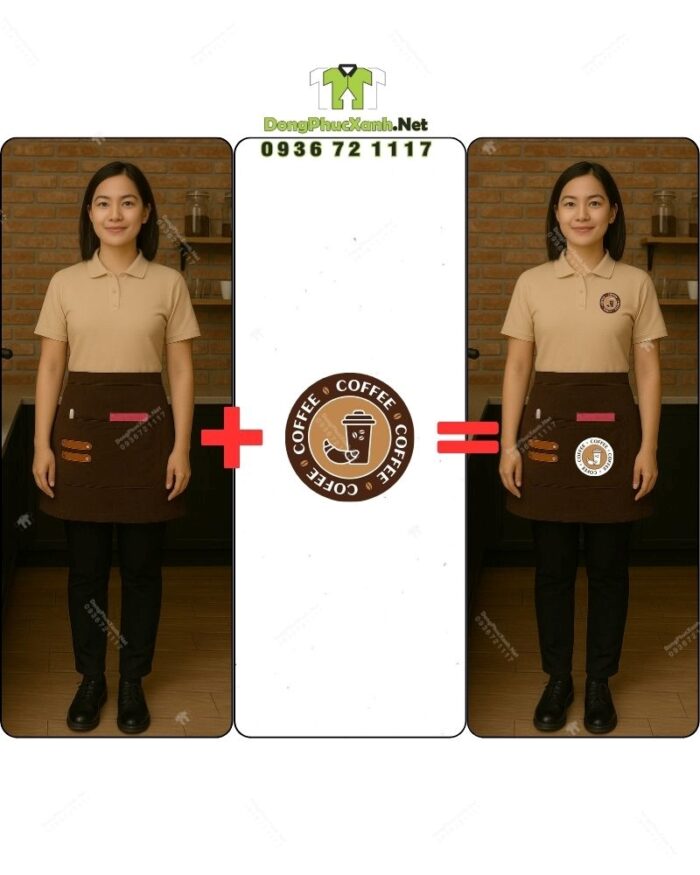 Bộ đồng phục quán cà phê có áo thun đồng phục màu kem phong cách trang nhã, lịch thiệp.