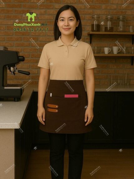 Bộ đồng phục quán cà phê có áo thun đồng phục màu kem phong cách trang nhã, lịch thiệp.