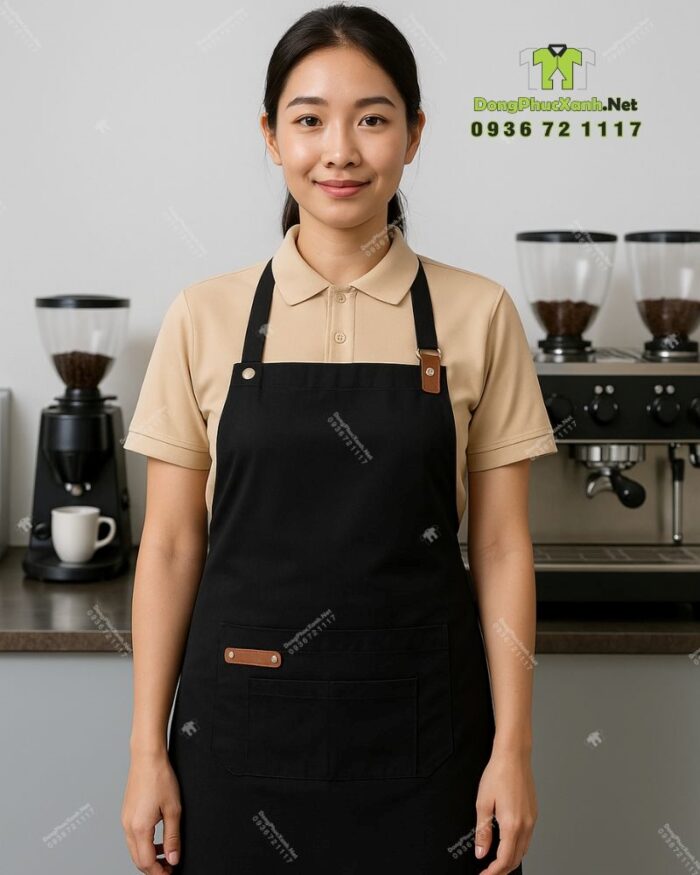 Bộ đồng phục quán cà phê có áo thun đồng phục màu kem phong cách trang nhã, lịch thiệp.