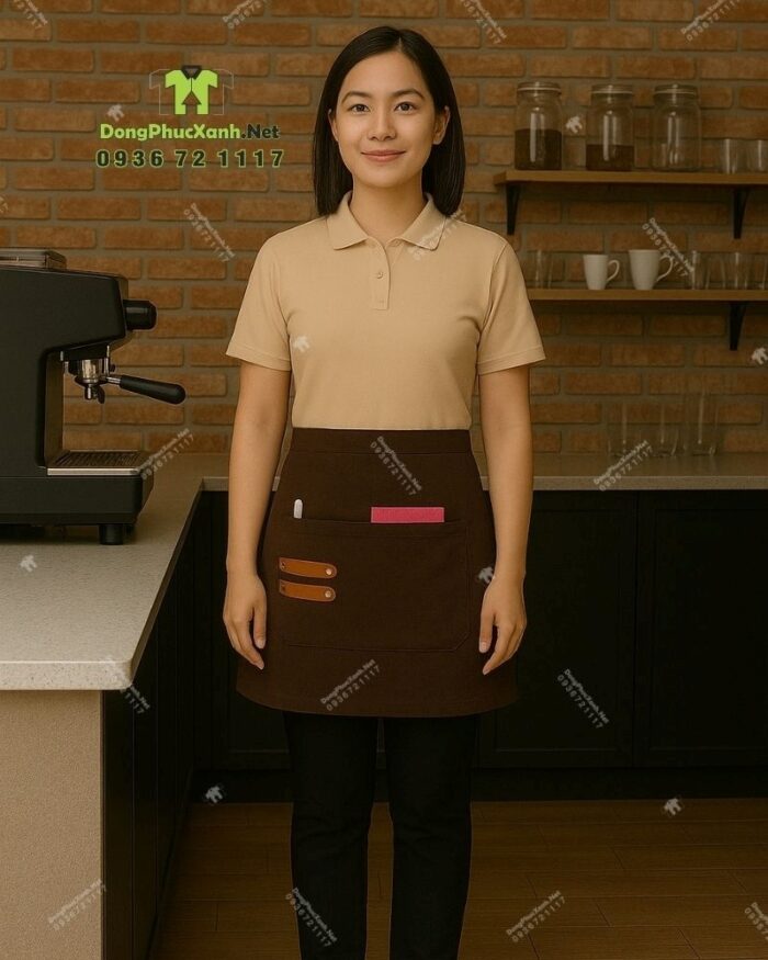 Bộ đồng phục quán cà phê có áo thun đồng phục màu kem phong cách trang nhã, lịch thiệp.
