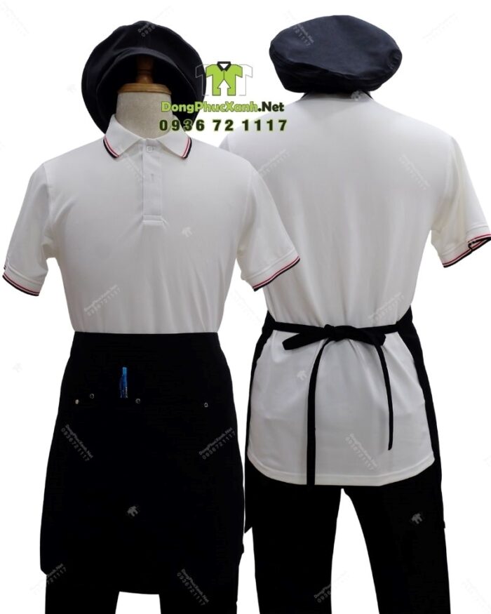 Bộ đồng phục quán cà phê có áo thun đồng phục màu trắng tạo cảm giác tươi mới và năng động, theo phong cách hiện đại, tối giản.