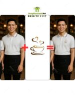 Bộ đồng phục quán cà phê có áo thun đồng phục màu trắng tạo cảm giác tươi mới và năng động, theo phong cách hiện đại, tối giản.