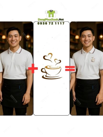 Bộ đồng phục quán cà phê có áo thun đồng phục màu trắng tạo cảm giác tươi mới và năng động, theo phong cách hiện đại, tối giản.