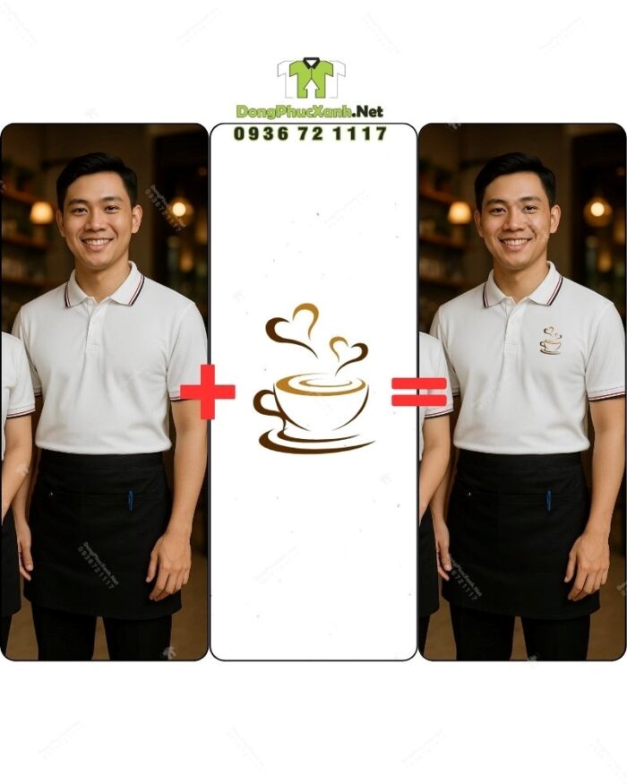 Bộ đồng phục quán cà phê có áo thun đồng phục màu trắng tạo cảm giác tươi mới và năng động, theo phong cách hiện đại, tối giản.