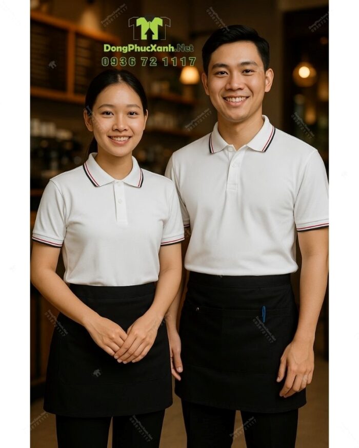 Bộ đồng phục quán cà phê có áo thun đồng phục màu trắng tạo cảm giác tươi mới và năng động, theo phong cách hiện đại, tối giản.