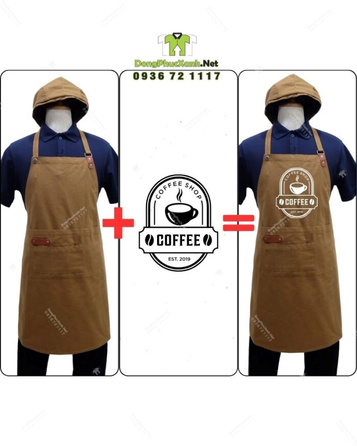 Bộ đồng phục quán cà phê thiết kế áo màu xanh đen, in/ thêu logo theo yêu cầu.