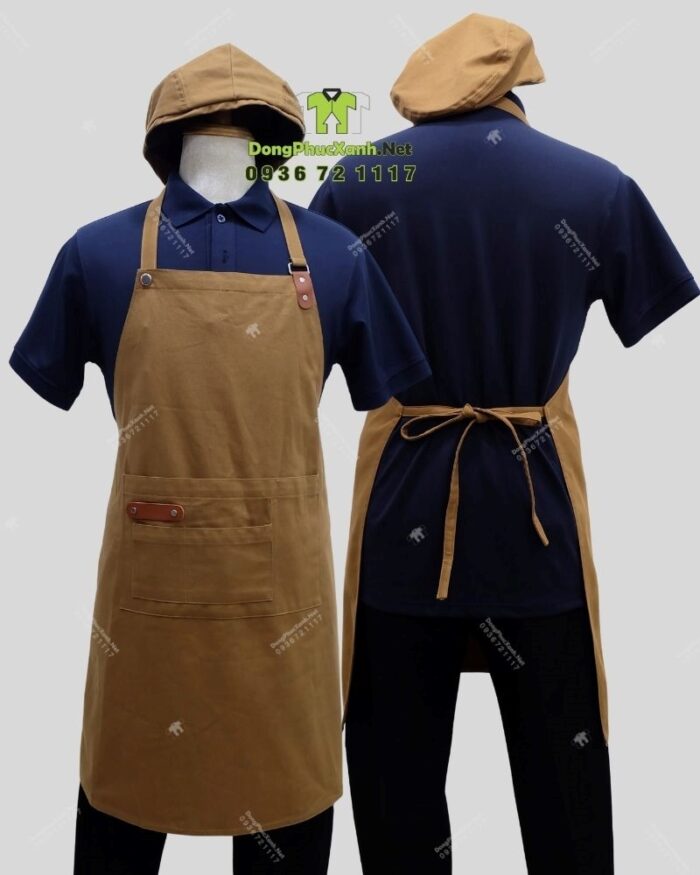 Bộ đồng phục quán cà phê thiết kế áo màu xanh đen, in/ thêu logo theo yêu cầu.