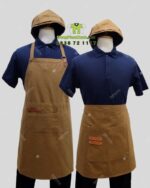 Bộ đồng phục quán cà phê thiết kế áo màu xanh đen, in/ thêu logo theo yêu cầu.