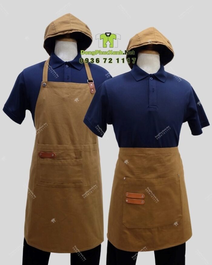 Bộ đồng phục quán cà phê thiết kế áo màu xanh đen, in/ thêu logo theo yêu cầu.