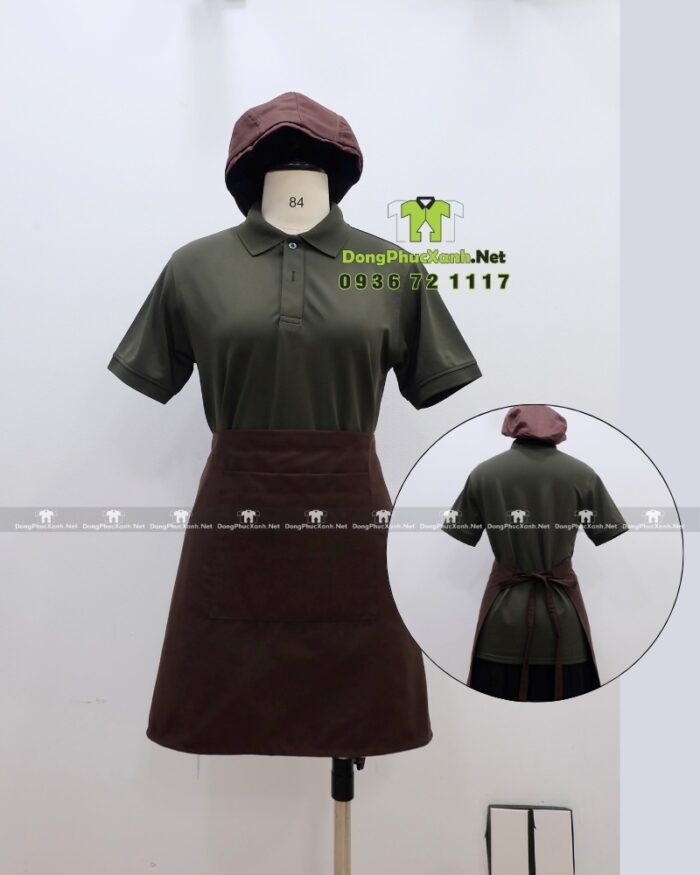 Bộ đồng phục quán cà phê thiết kế màu xanh rêu cho áo thun đồng phục, phong cách Châu Âu sang trọng.