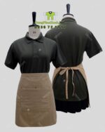Bộ đồng phục quán cà phê thiết kế màu xanh rêu cho áo thun đồng phục, phong cách Châu Âu sang trọng.