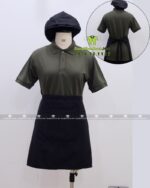Bộ đồng phục quán cà phê thiết kế màu xanh rêu cho áo thun đồng phục, phong cách Châu Âu sang trọng.