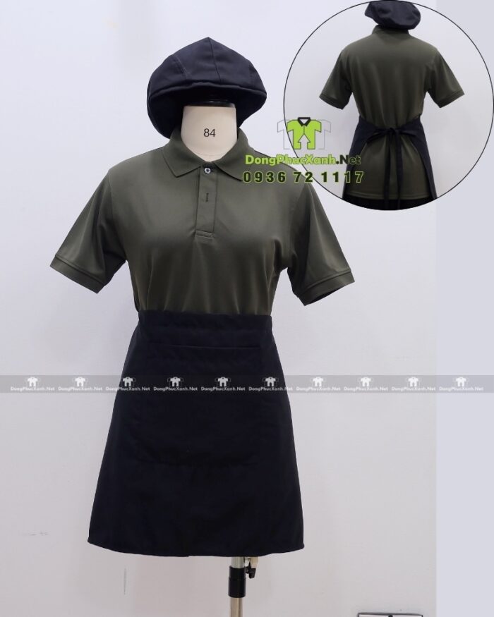 Bộ đồng phục quán cà phê thiết kế màu xanh rêu cho áo thun đồng phục, phong cách Châu Âu sang trọng.