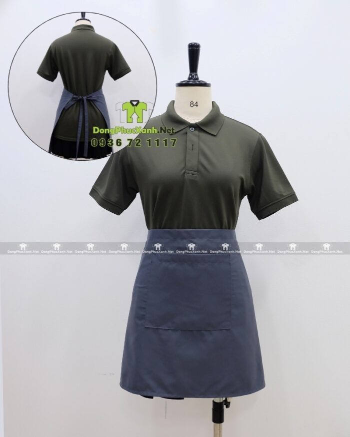 Bộ đồng phục quán cà phê thiết kế màu xanh rêu cho áo thun đồng phục, phong cách Châu Âu sang trọng.