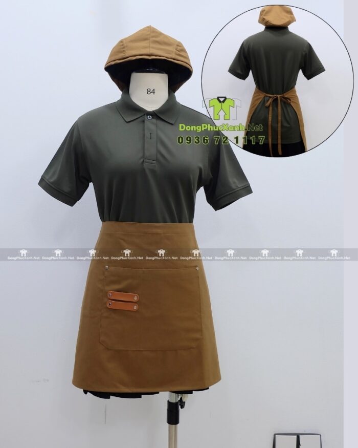 Bộ đồng phục quán cà phê thiết kế màu xanh rêu cho áo thun đồng phục, phong cách Châu Âu sang trọng.