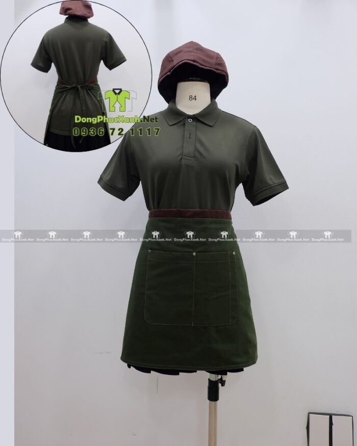 Bộ đồng phục quán cà phê thiết kế màu xanh rêu cho áo thun đồng phục, phong cách Châu Âu sang trọng.