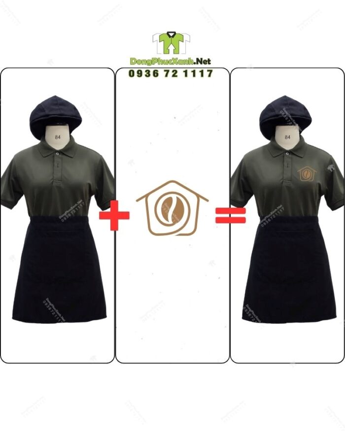 Bộ đồng phục quán cà phê thiết kế màu xanh rêu cho áo thun đồng phục, phong cách Châu Âu sang trọng.