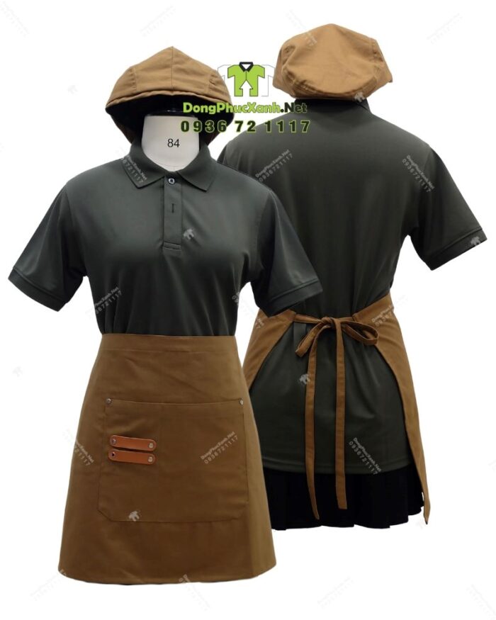 Bộ đồng phục quán cà phê thiết kế màu xanh rêu cho áo thun đồng phục, phong cách Châu Âu sang trọng.