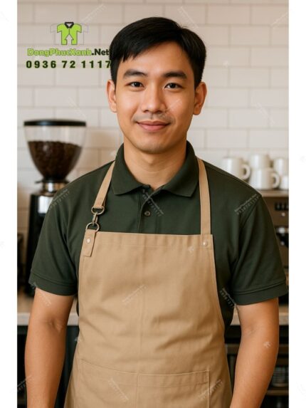 Bộ đồng phục quán cà phê thiết kế màu xanh rêu cho áo thun đồng phục, phong cách Châu Âu sang trọng.