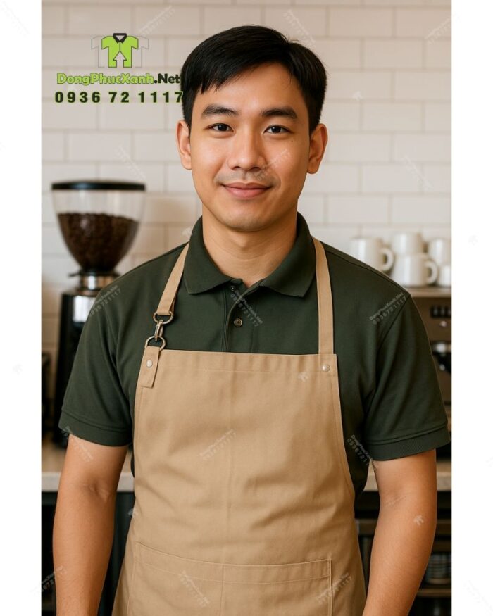 Bộ đồng phục quán cà phê thiết kế màu xanh rêu cho áo thun đồng phục, phong cách Châu Âu sang trọng.