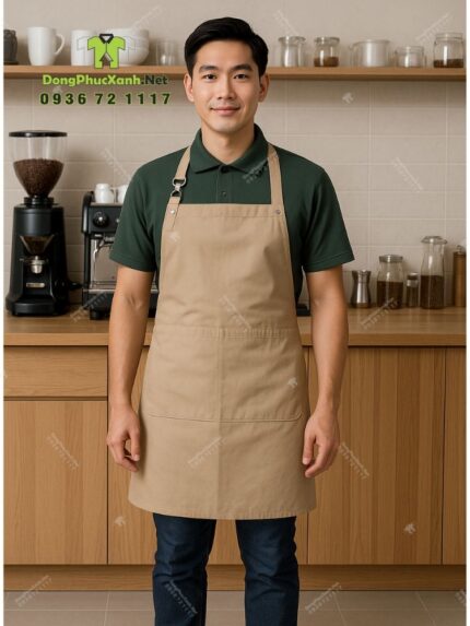 Bộ đồng phục quán cà phê thiết kế màu xanh rêu cho áo thun đồng phục, phong cách Châu Âu sang trọng.