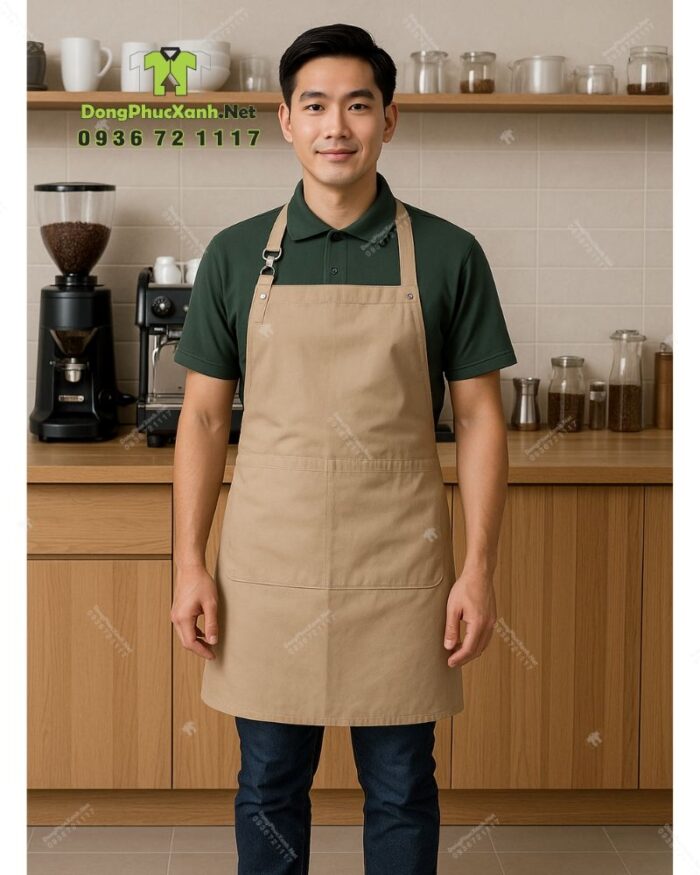 Bộ đồng phục quán cà phê thiết kế màu xanh rêu cho áo thun đồng phục, phong cách Châu Âu sang trọng.