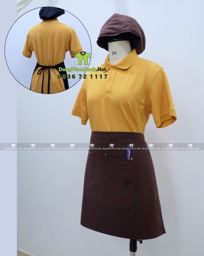 Bộ đồng phục quán trà sữa thiết kế áo thun đồng phục màu vàng, phong cách nổi bật, tăng sự chú ý với khách hàng.
