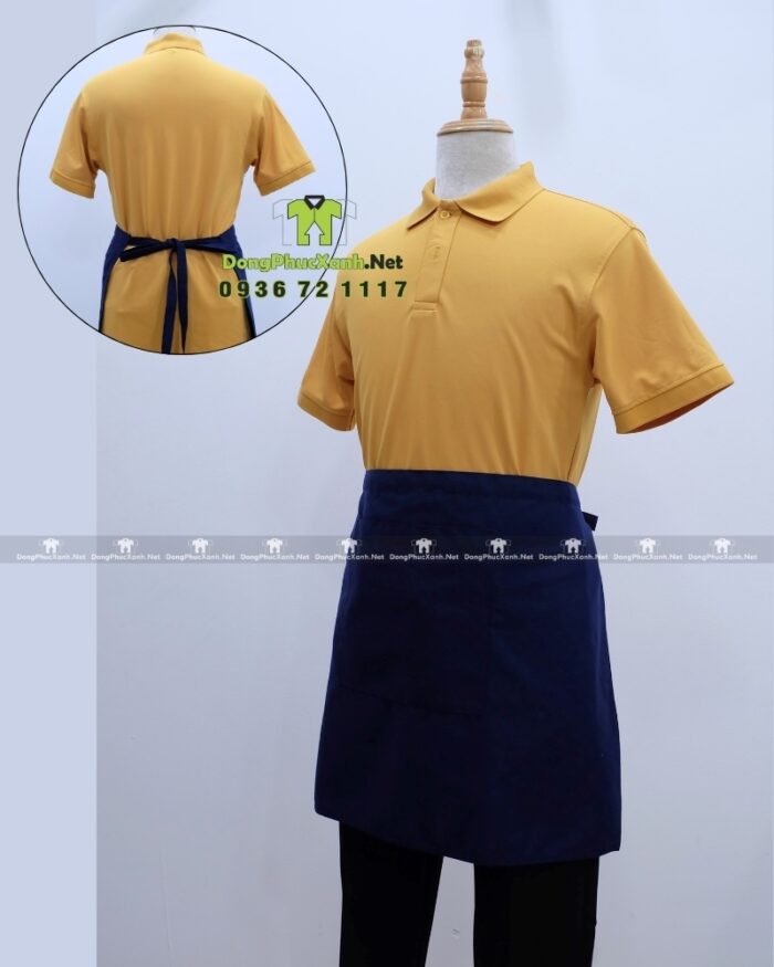 Bộ đồng phục quán trà sữa thiết kế áo thun đồng phục màu vàng, phong cách nổi bật, tăng sự chú ý với khách hàng.