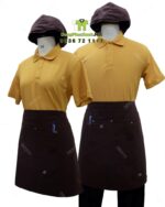 Bộ đồng phục quán trà sữa thiết kế áo thun đồng phục màu vàng, phong cách nổi bật, tăng sự chú ý với khách hàng.