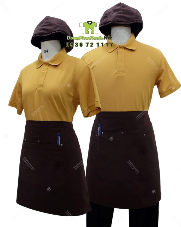 Bộ đồng phục quán trà sữa thiết kế áo thun đồng phục màu vàng, phong cách nổi bật, tăng sự chú ý với khách hàng.