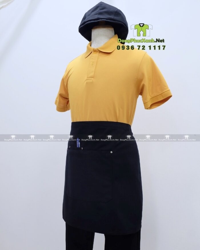 Bộ đồng phục quán trà sữa thiết kế áo thun đồng phục màu vàng, phong cách nổi bật, tăng sự chú ý với khách hàng.