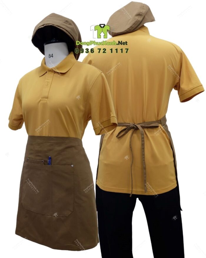 Bộ đồng phục quán trà sữa thiết kế áo thun đồng phục màu vàng, phong cách nổi bật, tăng sự chú ý với khách hàng.