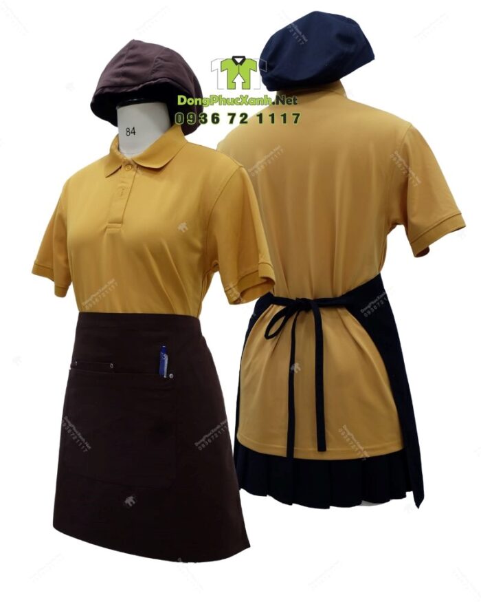 Bộ đồng phục quán trà sữa thiết kế áo thun đồng phục màu vàng, phong cách nổi bật, tăng sự chú ý với khách hàng.