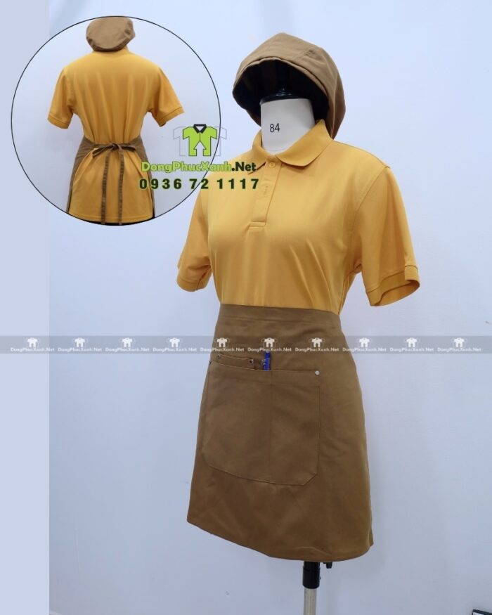 Bộ đồng phục quán trà sữa thiết kế áo thun đồng phục màu vàng, phong cách nổi bật, tăng sự chú ý với khách hàng.