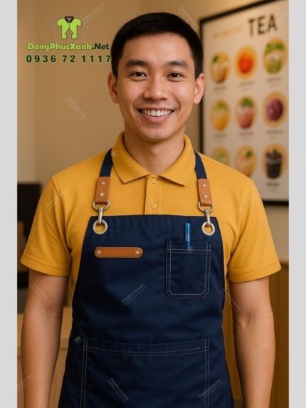 Bộ đồng phục quán trà sữa thiết kế áo thun đồng phục màu vàng, phong cách nổi bật, tăng sự chú ý với khách hàng.