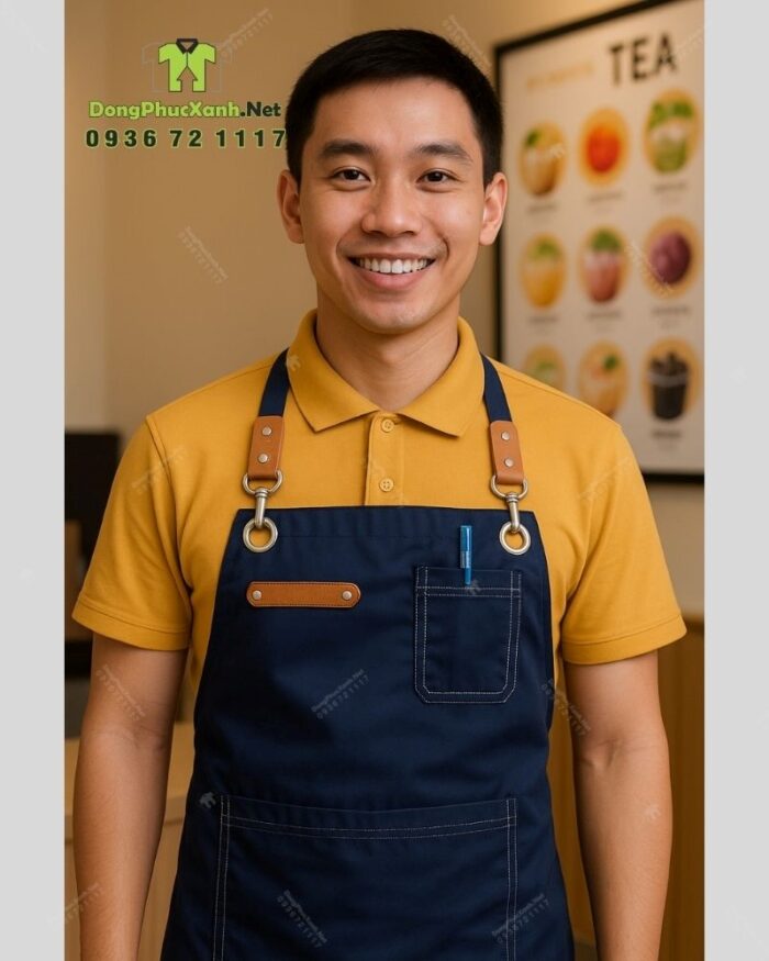 Bộ đồng phục quán trà sữa thiết kế áo thun đồng phục màu vàng, phong cách nổi bật, tăng sự chú ý với khách hàng.