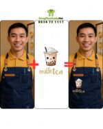 Bộ đồng phục quán trà sữa thiết kế áo thun đồng phục màu vàng, phong cách nổi bật, tăng sự chú ý với khách hàng.