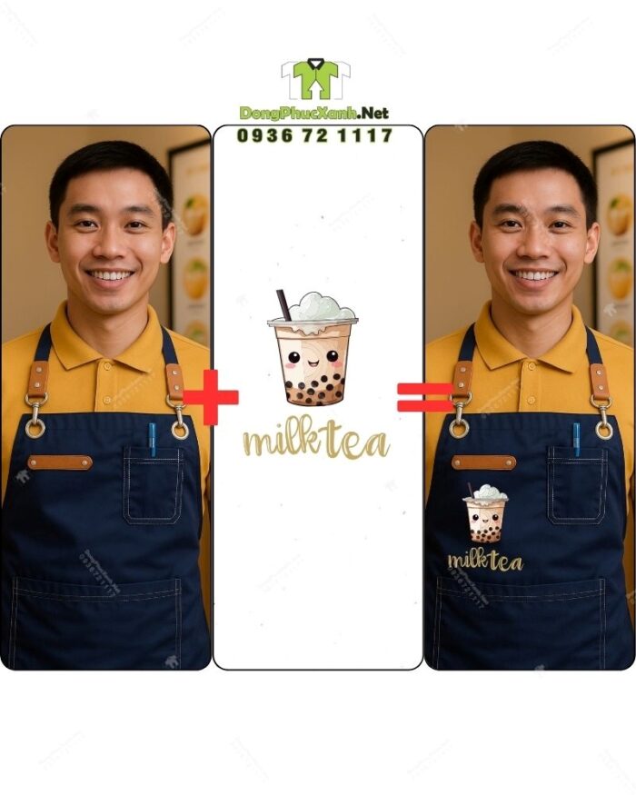 Bộ đồng phục quán trà sữa thiết kế áo thun đồng phục màu vàng, phong cách nổi bật, tăng sự chú ý với khách hàng.