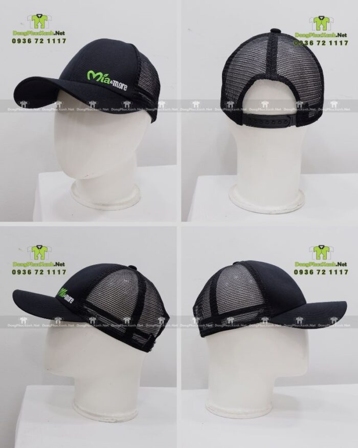 Nón đồng phục thiết kế phối lưới thoáng mát dành cho nhân viên quán nước, in logo Mía&More.
